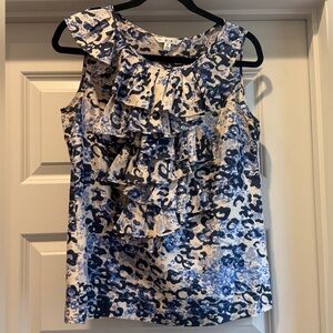 CAbi Blue and Cream Patterned Ruffle Blouse